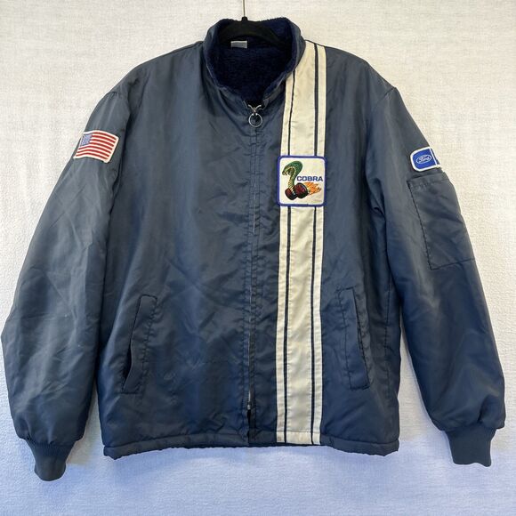 Vtg Ford Mustang Cobra Shelby Racing Jacket Lined Navy Blue Patches USA *Flaws - Picture 1 of 16